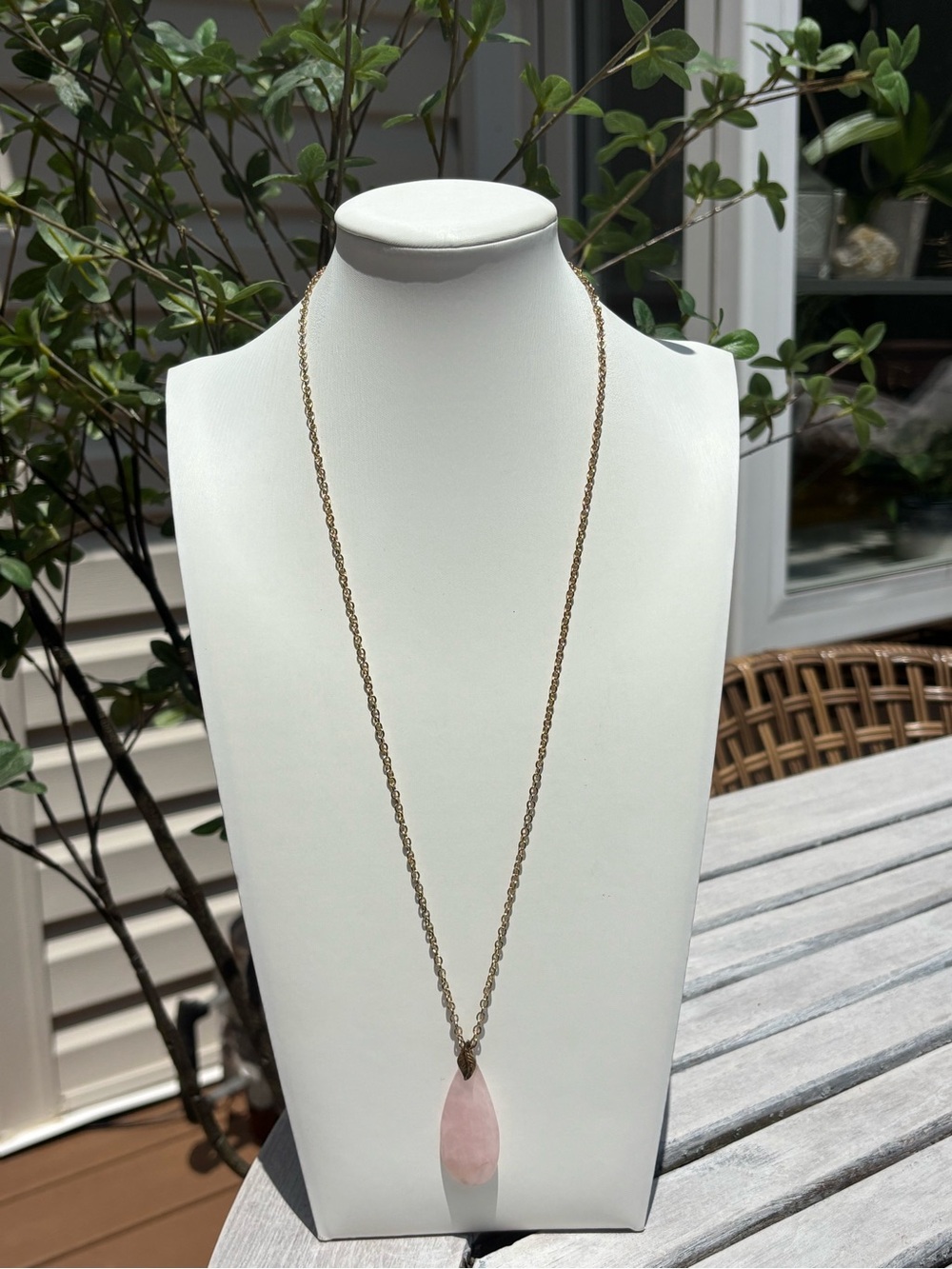 Gold Chain Necklace with Pink Teardrop Pendant